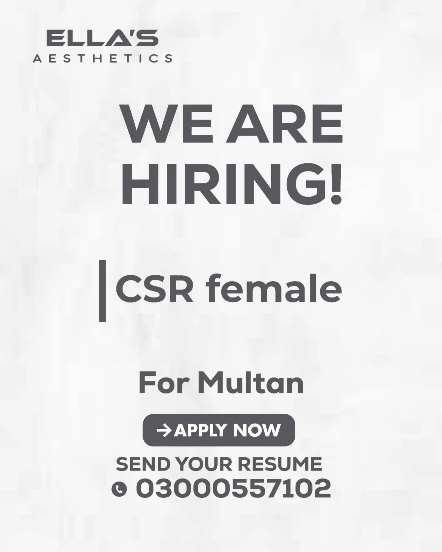 We’re hiring a Female CSR in Multan—join Ella’s Aesthetics and be part of our professional team.

#hiring #csrjobs #femalejobs #customerservices#multanjobs