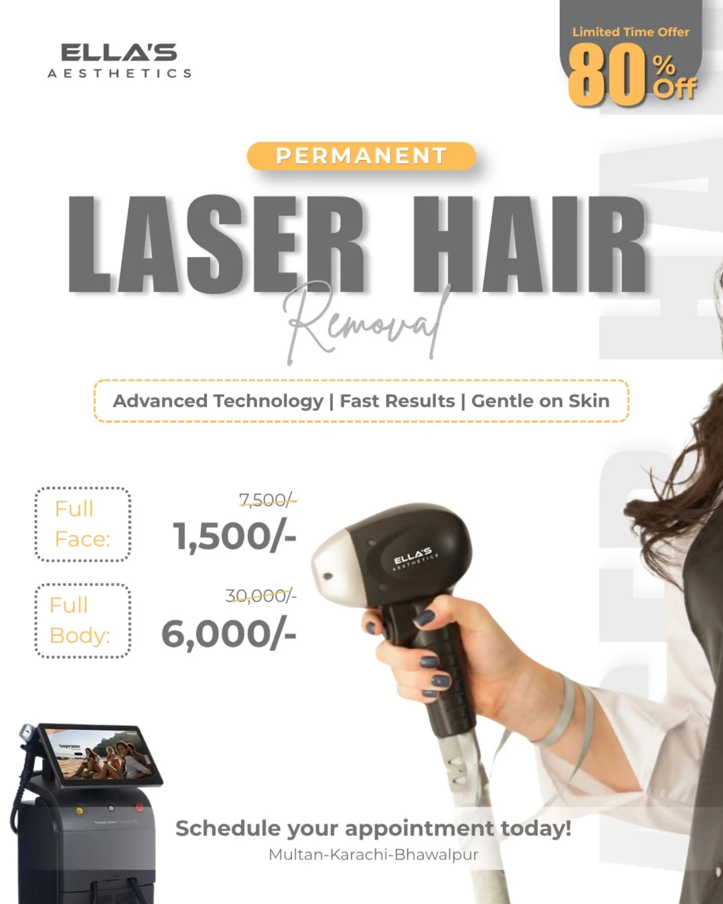 Get smooth, hair-free skin with advanced laser technology ✨

Permanent results, gentle on skin, fast sessions.

Limited Time Offer - 80% OFF

Full Face: 1,500/- 
Full Body: 6,000/-

Book your appointment today!

#ellasaesthetics #lasertreatment #permanentresults #smoothskin #hairfreeskin