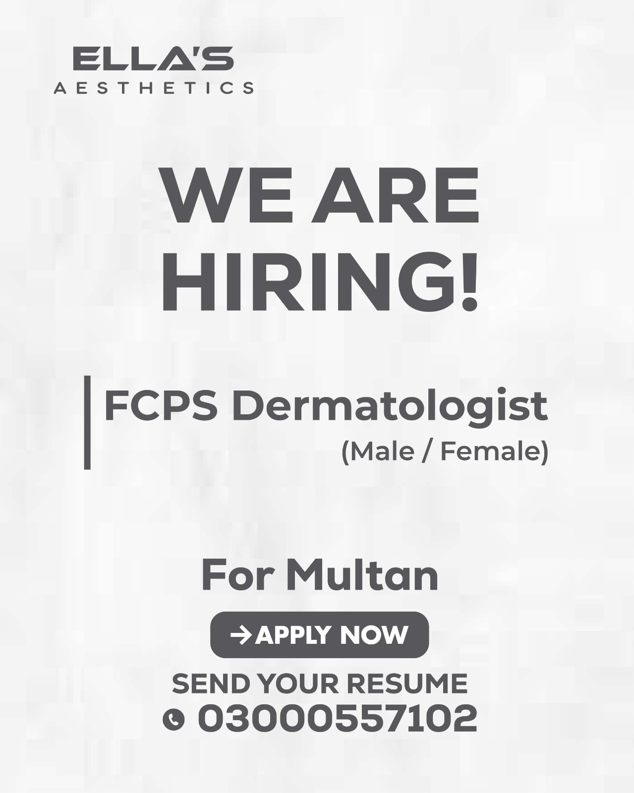 oin Ella’s Aesthetics and advance your career as an FCPS Dermatologist in Multan.

#hiring #dermatologist #fcps #multanjobs #medicaljobs